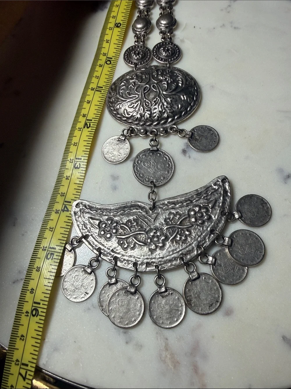 Antique-Style Silver Floral Coin Pendant Necklace - Women Jewelry